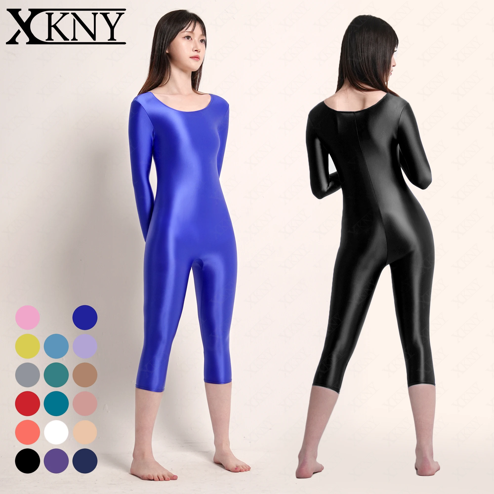XCKNY Sexy tights silk oil glossy bodysuit long sleeved seven point pants bodysuit smooth yoga fitness swimming suit