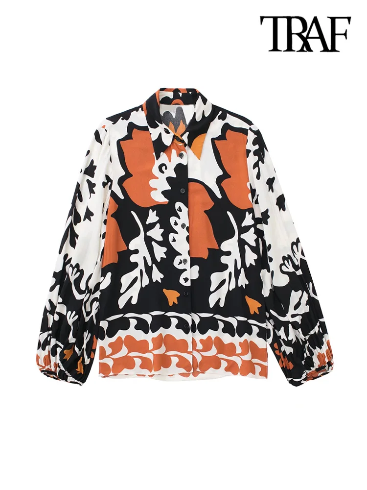 

TRAF Women Fashion Front Buttoned Printed Loose Blouses Vintage Lantern Sleeve Side Vents Female Shirts Blusas Chic Tops