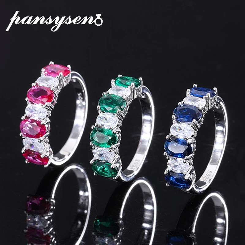 PANSYSEN Vintage 925 Sterling Silver 4x6MM Oval Cut Ruby Emerald Gemstone Wedding Party Rings for Women Fine Jewelry Wholesale