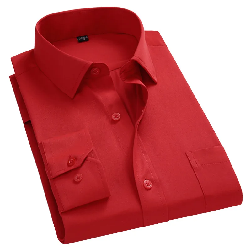 

2023 New Men Business Casual Long Sleeved Shirt For Male Solid Color Dress Shirts Slim Fit Chemise Homme Camisa Social Red 8XL
