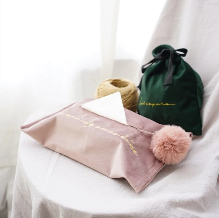 

Nordic simple style living room car embroidery golden velvet tissue box suction box suction paper cover