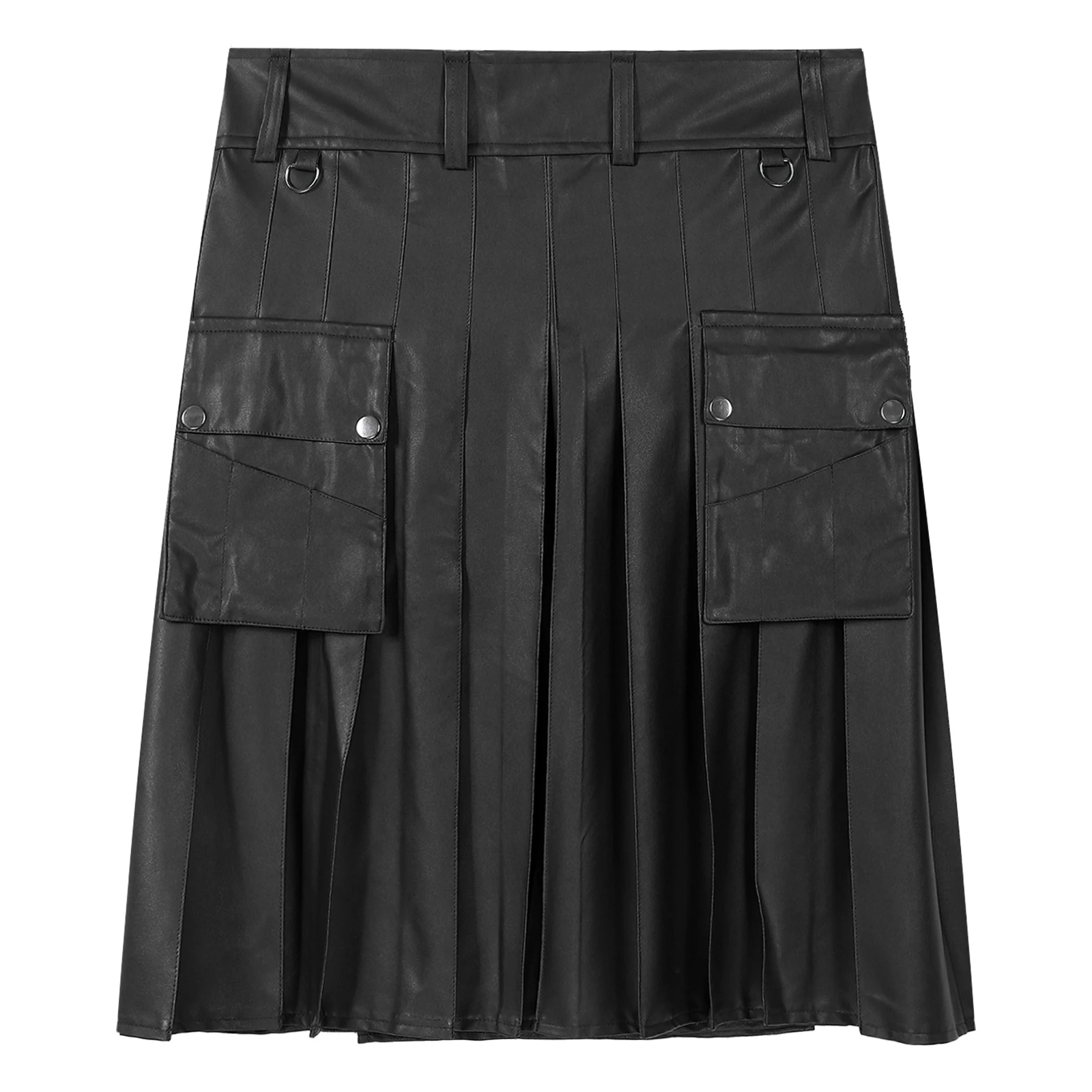 

Mens Pleated Scottish Traditional Cosplay Party Kilt Gladiator PU Leather Kilt Utility Flat Front Cargo Pockets Stage Costumes