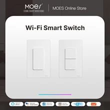 MOES 투야 와이파이 스마트 조명 스위치, 미국 단극 푸시 버튼 벽 스위치, 알렉사 구글 홈 작동, 중성선 필요