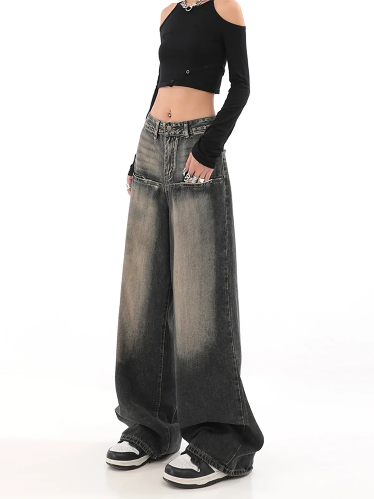 

Женские винтажные мешковатые джинсы Y2k, уличная одежда в американском стиле, прямые свободные брюки полной длины с высокой талией и широкими штанинами