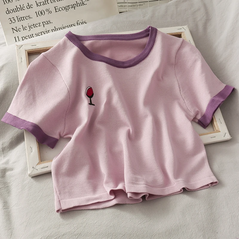 

Itoolin Knitted T-shirts Women Thin Tees Emboideried Cute Tops Solid Tops O-Neck Short Sleeve Crop T-shirts Women 2022 Summer