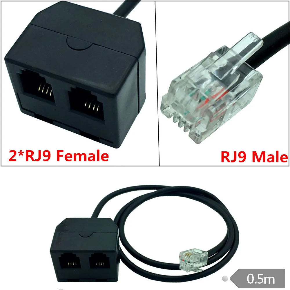 

RJ9 Male to 2 Female 4P4C Connector Adapter Splitter Extension Cable RJ9 Telephone Extension Cable Line 0.5m