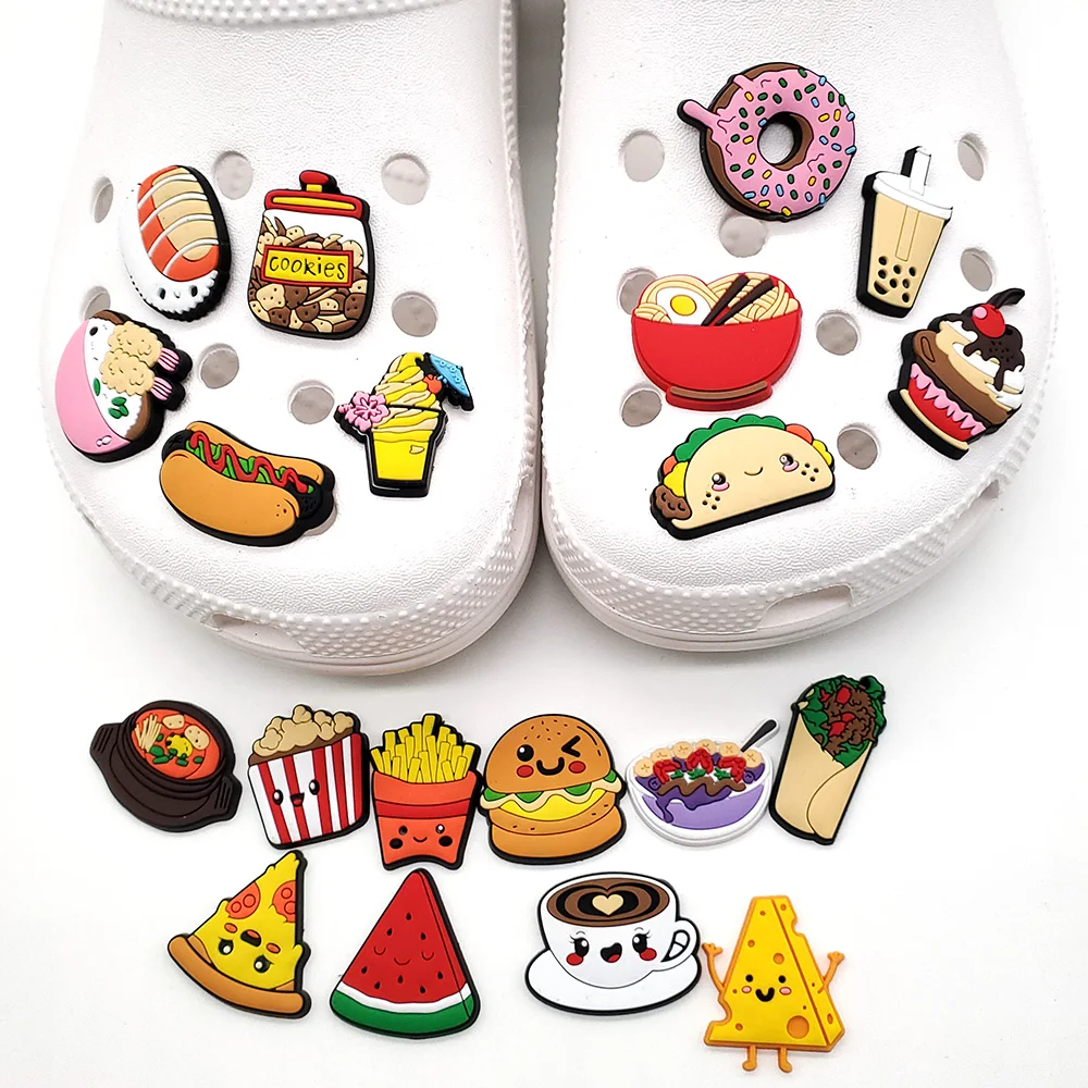 

New arrival 1pcs Cute Food series PVC Shoe Charms Cartoon hamburger Shoe Aceessories Fit Women croc clogs kids X-mas Gifts jibz