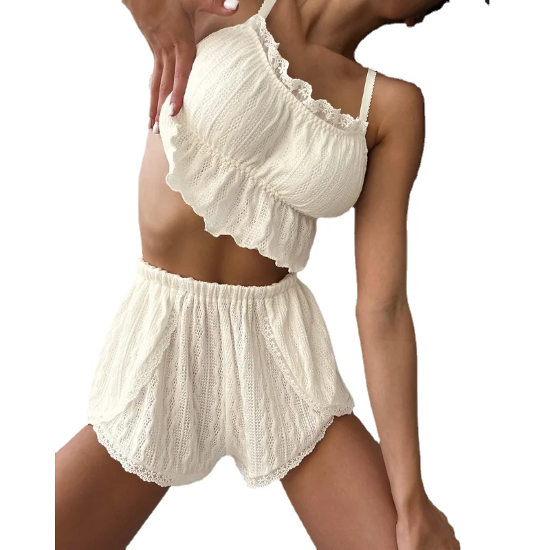 

Летняя пикантная Пижама, Женская ажурная пижама из двух частей, кружевная белая Бриллиантовая Женская одежда для сна