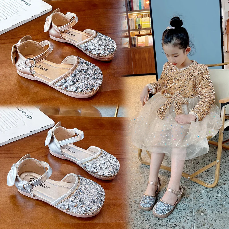 

Children Rhinestone Little Leather Sandals 2022 Spring New Girls Rhinestone Crystal Princess Shoes Kids Fashion Performance Shoe