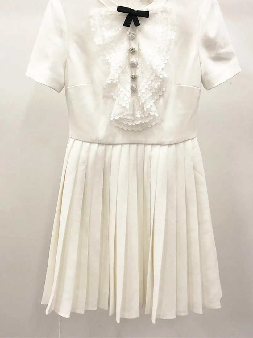 Ladies Bow Lace Decorated Pleated Dress 2023 Summer New Female Round Neck Short Sleeve White A-Line Preppy Style Short Robe