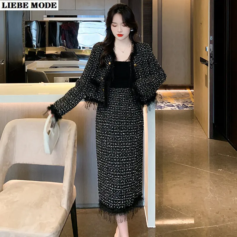 Women's Business Casual Black Suit 2 Pieces Tweed Blazer and Skirt Set Cropped Jacket Coat with Mid Calf Long Tweed Skirt Suite