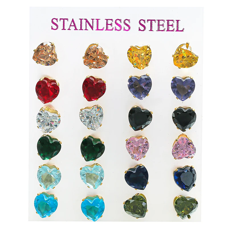 

12pairs/set 10mm Colorful Heart Shape Rhinestones Stud Earrings for Women Girl Crystal Earrings Fashion Jewelry