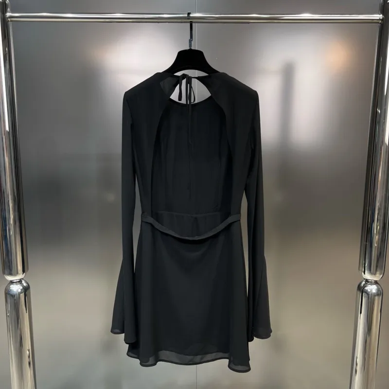 

PREPOMP 2023 Summer New Collection Long Sleeve Lace-up Bandage Back Hollow Out Sexy Black Short Dress Women GL037