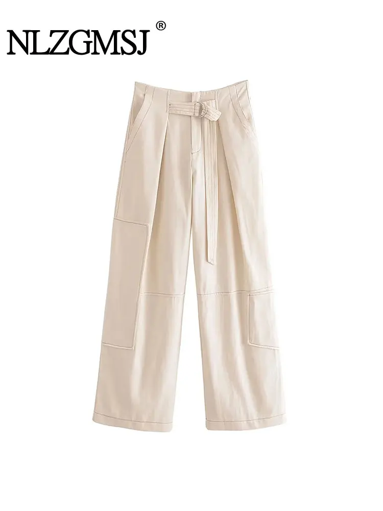 

Nlzgmsj TRAF - Women Autumn Winter Fashion With Belt Pants Vintage High Waist Zipper Fly Female Trousers Mujer