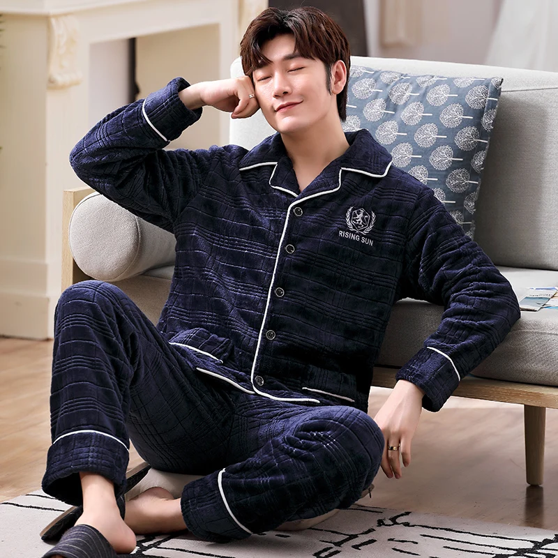 

Winter Warm Thick Double-sided Flannel Men Sleepwear Suit Long Sleeve Turn-down Collar Cardigan Loose Soft Plus Size Male Pijama