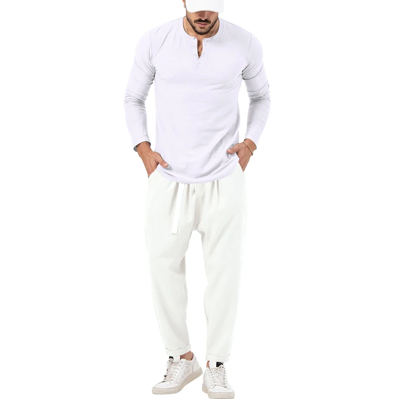 

Autumn New Product Foreign Trade Amazon Hot Sale Men's Solid Color Casual Long Sleeve Henry T-shirt Long Pants Set