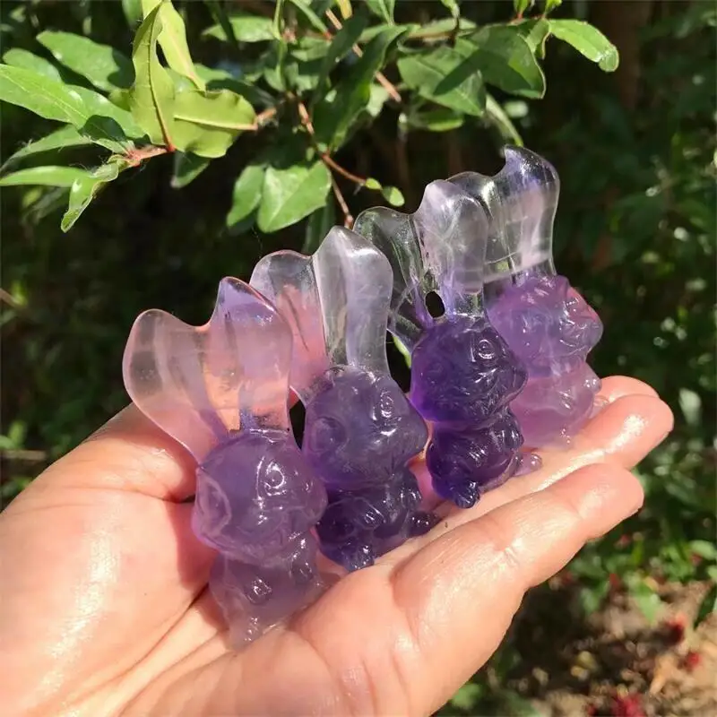 

1PC Natural Purple Fluorite Healing Crystal Cartoon Rabbit Carved Reiki Lucky Stone Home Decoration