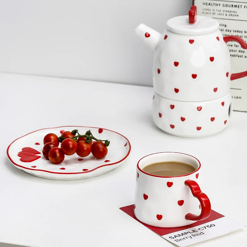 

Cute Ceramic Coffee Cup with Plate Teapot Heart-shaped Afternoon Tea Set Dessert Plate Mug Housewarming Gift Kitchen Drinkware