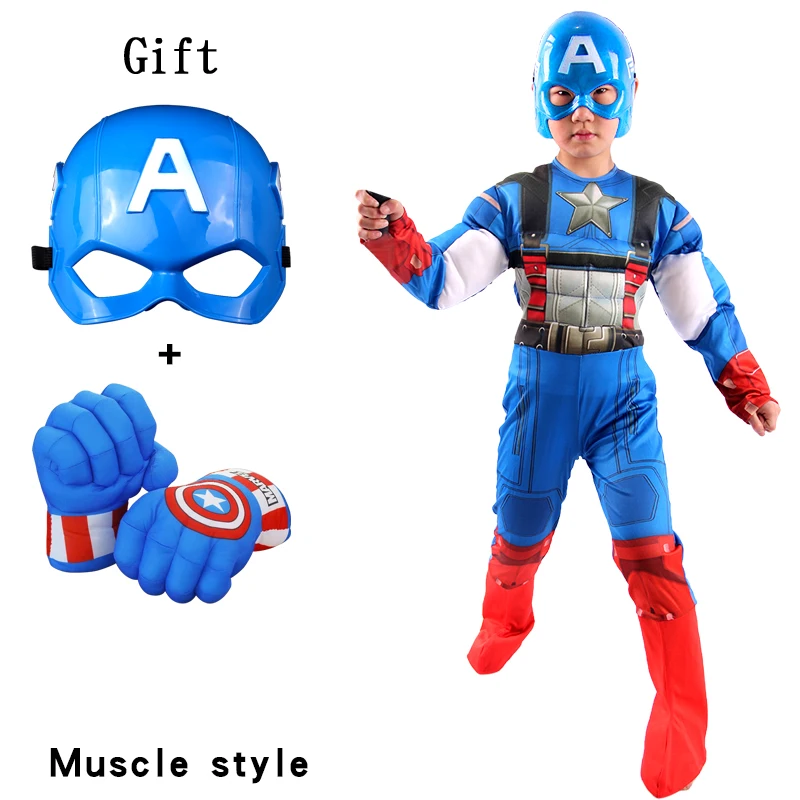 

S-XL Kids Halloween Muscle Captain Muscle with Mask Gloves Child Christmas Party Superhero Mask Carnival Dress Up