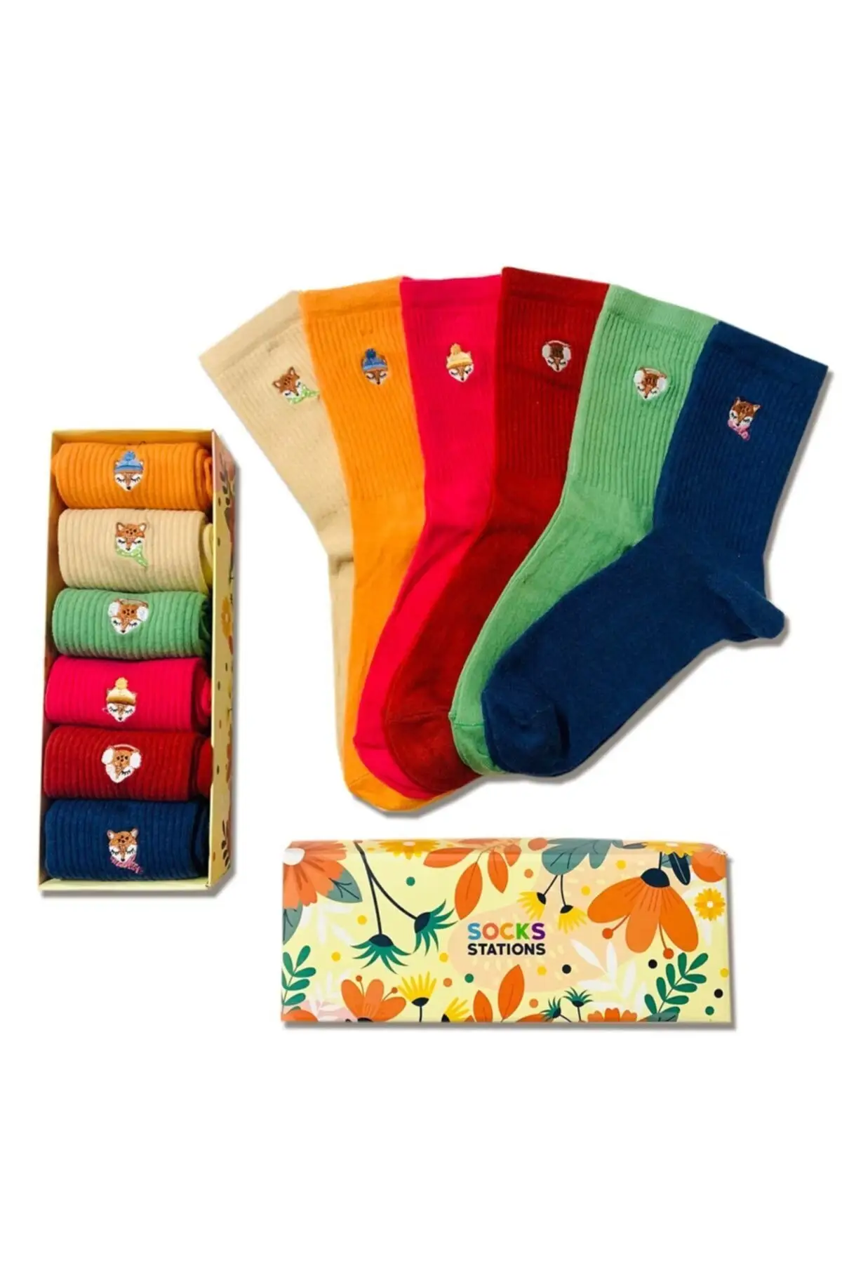 6pcs Fox Embroidery Colorful Patterned Sock Box,  2022 Season, Different And Vivid Colors ,Giftable, Free Shipping
