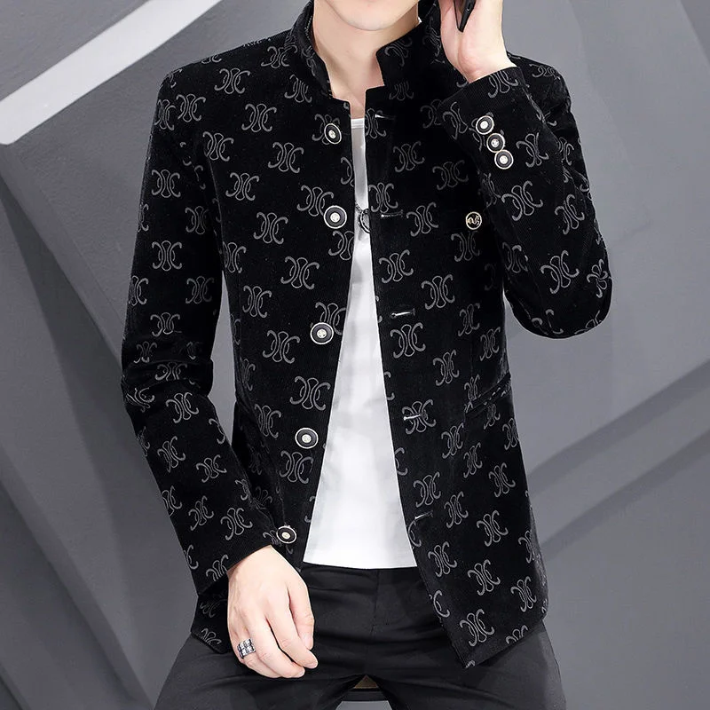 Suit Mens Personality Corduroy Korean Slim Fit 2023 New Printed Casual Suit Stand Collar Mens Blazer Vintage Blazers Para Hombre