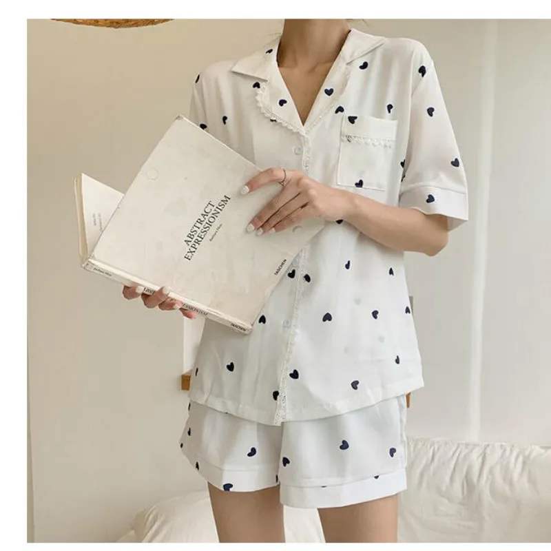 QWEEK Pajamas for Women Home Clothes Pijamas Ladies Heart Print Nightie Lounge Wear Sexy Sleepwear Two Piece Set Pyjamas Summer