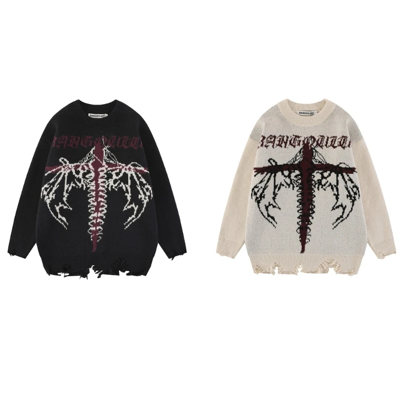 

Long Sleeve Oversize Loose Sweater for Men Dark Gothic Crosses Wing Jacquard Harajuku Ripped Distressed Pullover Top DropShip