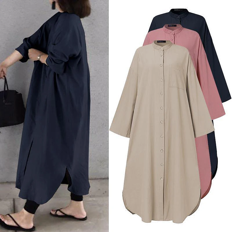 

Women Spring Sundress Elegant Long Shirt Dress Stand Collar Long Sleeve Solid Vestido Casual Loose Work Dresses Robe Femme