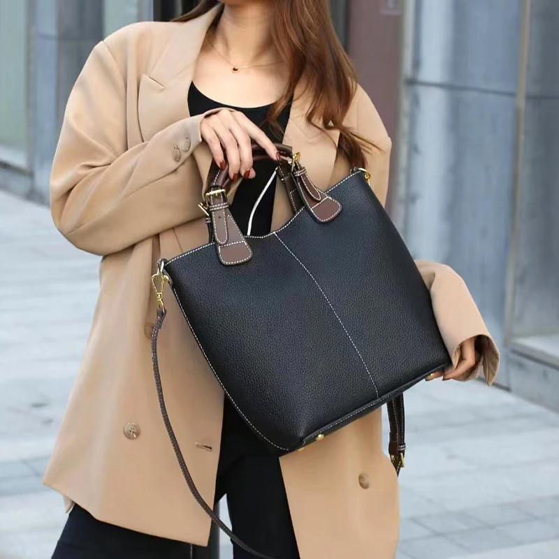 Genuine Leather Contrast Color Soft Crossbody Bag Woman Adjustable Straps Magnetic Bucket Bag Minimalist Casual Tote Set Bags