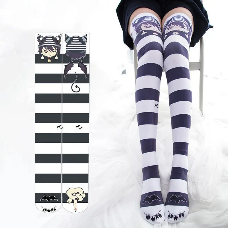 Japanese Fashion Cosplay Anime Stockings Gothic Designer High Knee Happy Socks With Print Cartoon Stripe Long Funny Socks Woman