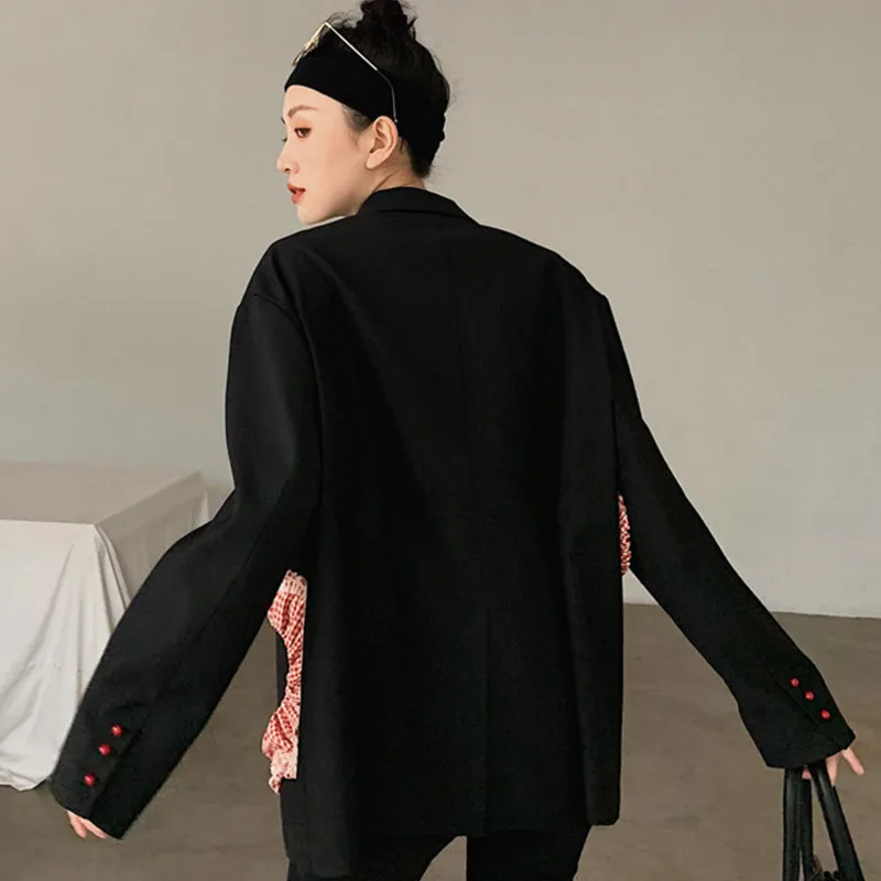 2023 New Autumn Winter Turn-down Collar Loose Patchwork Long-sleeved Solid Blazer Coat Female Black Floral Minimalist Suit Top