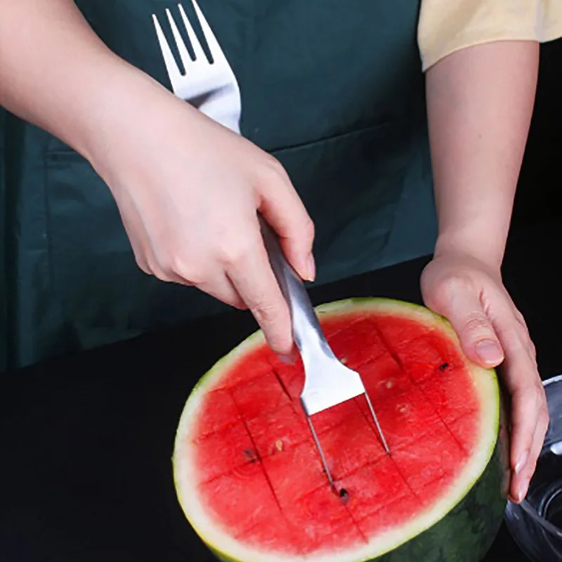 

Cut Watermelon Divider Stainless Steel Fruit Knife Fancy Dicing Tool Watermelon Fork Salad Dessert Spoon Kitchen Gadgets