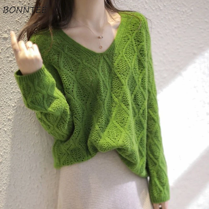 

Pullovers Women Spring Korean Style Basic Design Elegant Retro V-neck Solid All-match Casual Sweaters Warm New Arrival Popular