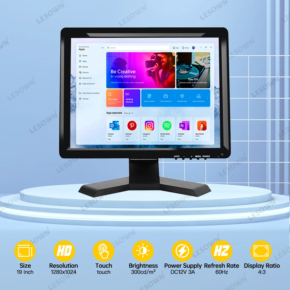 LESOWN 19 дюймов 4:3 IPS экран промышленный дисплей 1280x1024 FHD USB сенсорный монитор с VGA HDMI AV