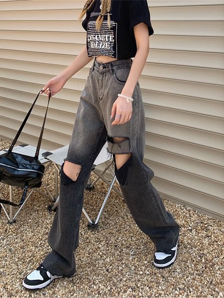 Джинсы женские рваные прямые в стиле Харадзюку забавные брюки-карго свободного