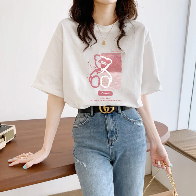 

Women Summer T-shirts Pink Bear Pattern Tees White Cotton Short Sleeve O-neck