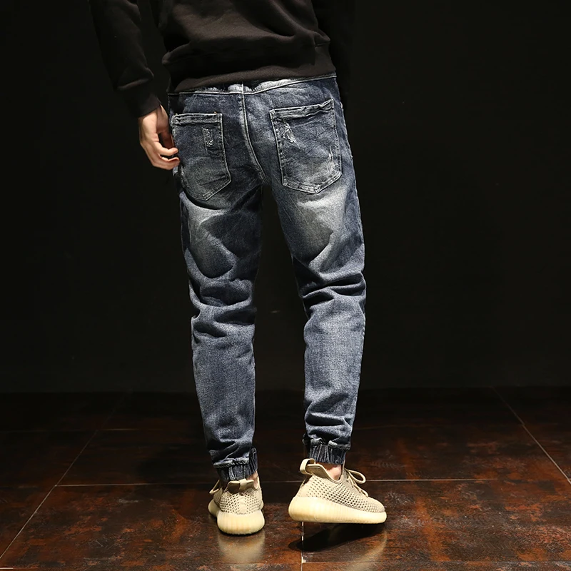 Streetwear Fashion Men Jeans Loose Fit Retro Gray Blue Casual Cargo Pants Hombre Hip Hop Joggers Men Spliced Ripped Jeans Homme