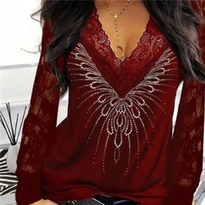 

Plus Size Sexy Blouse Women Deep V Neck Lace Trim See Through Long Sleeve Blouse Top Shirts Camisa Femenina Hot Sale