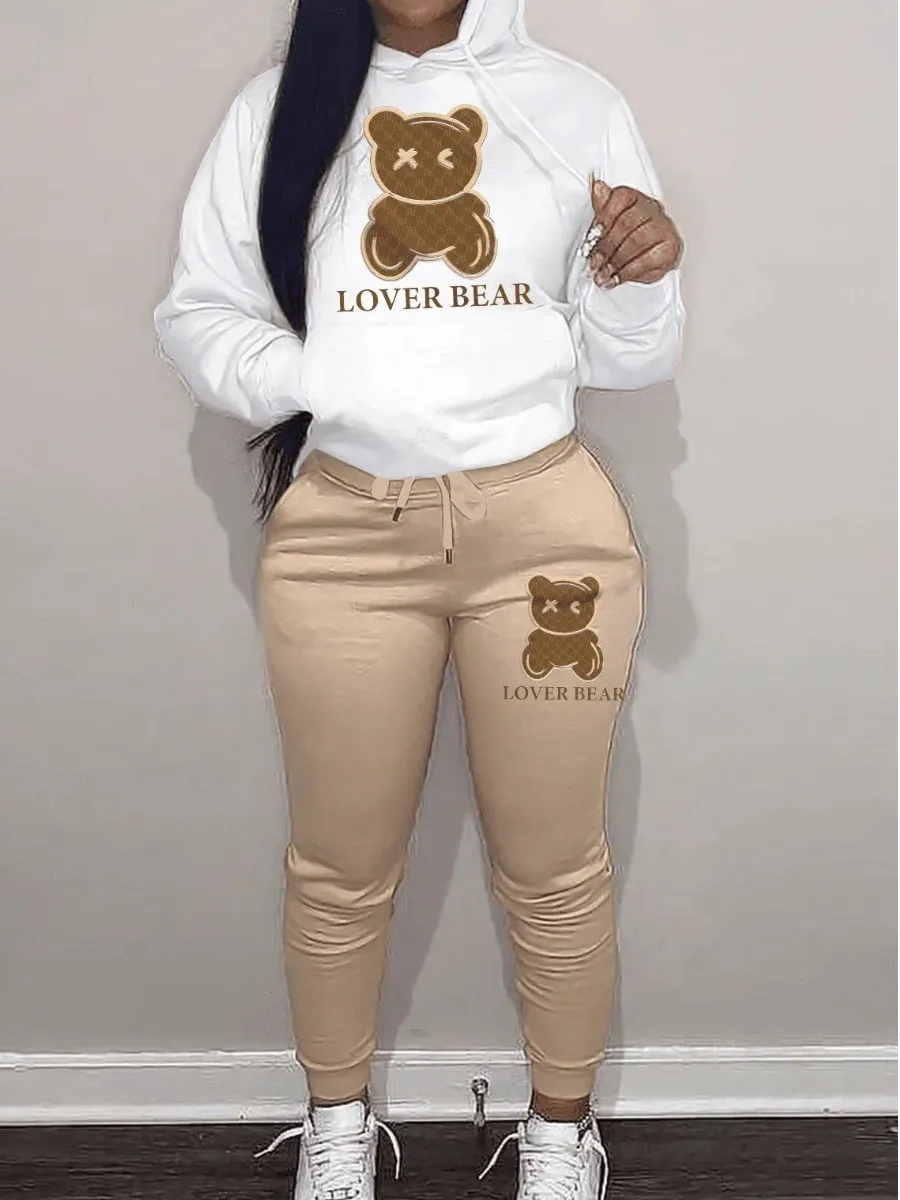LW Two Piece Set Cartoon Letter Print Tracksuit Set Long Sleeve Drawstring Pullover Hoodies Top Sweat Pants Jogger Suits