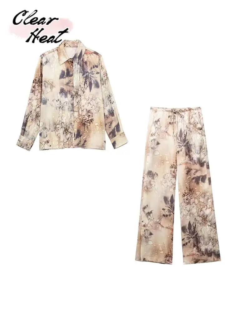 

Женский комплект из двух предметов с принтом, рубашка с длинным рукавом и отворотом, свободные брюки с широкими штанинами, женский элегантный повседневный наряд