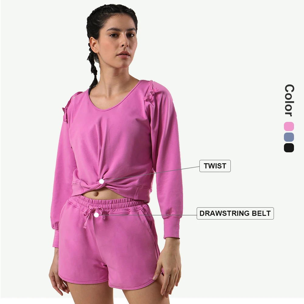 

High Quality Sportswear Hooded Activewear Set Women Running Shorts Yoga Wear Drawstring Top Sweatshirt 2 Piece Suit