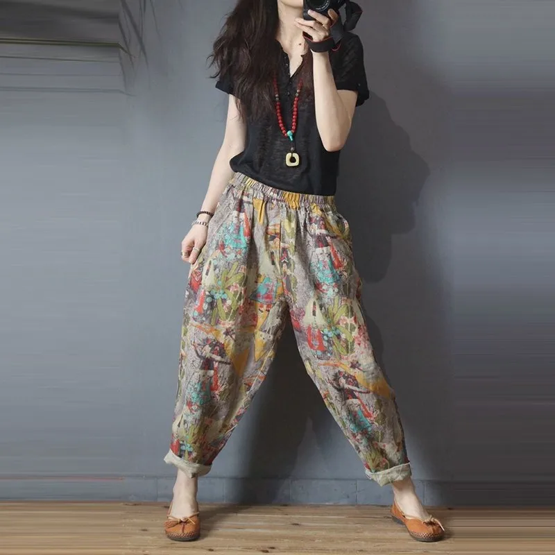 

2022 Summer New Arts Style Women Elastic Waist Ankle-length Loose Pants Vintage Print Cotton Linen Harem Pants Plus Size