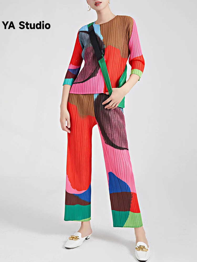 

[YA Studio] Fashion Pleated 2 Pieces Set For Women Round Neck Long Sleeves Printed Tops High Waist Straight Trousers 2023