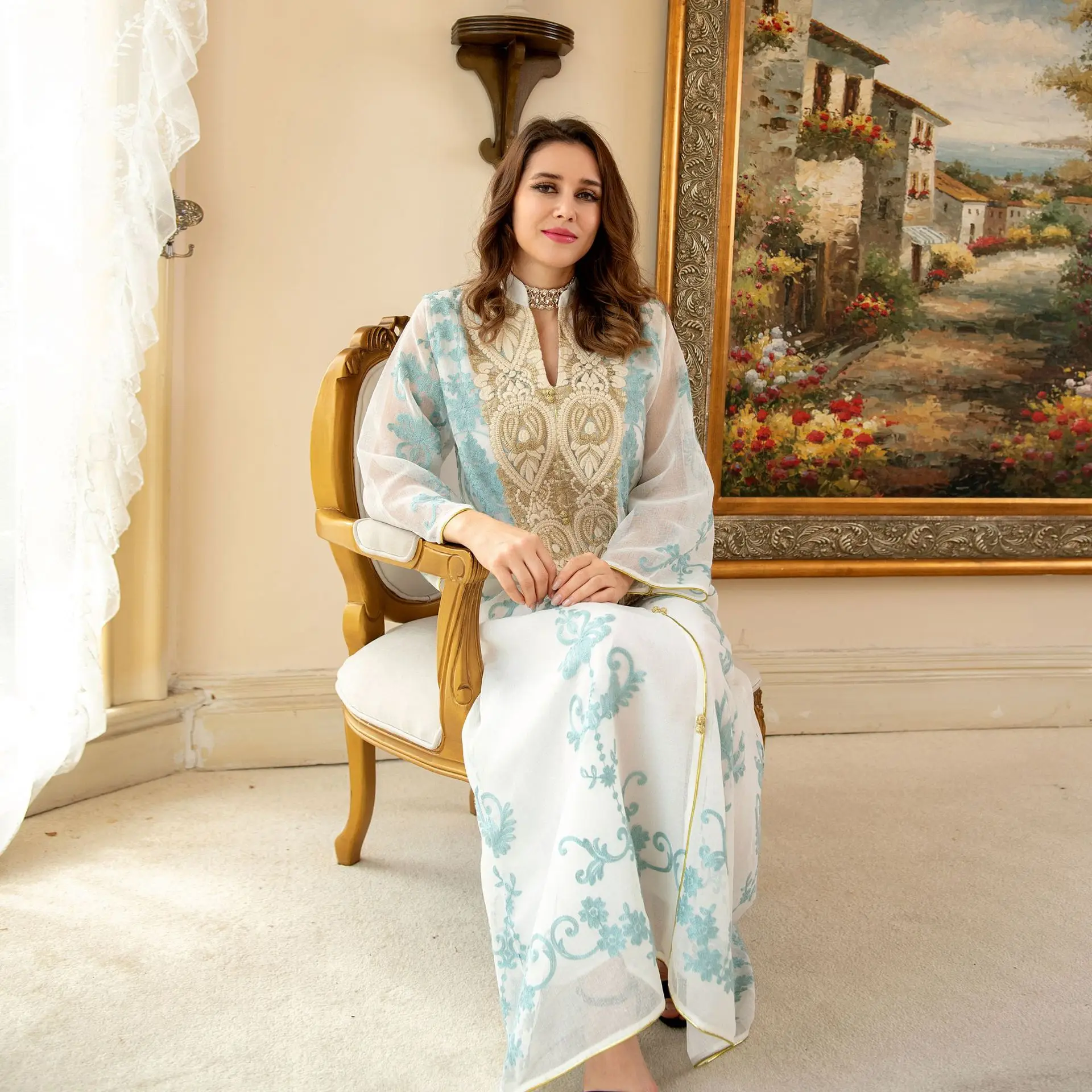 Eid Mubarak Abaya Dubai Turkey Mesh Muslim Fashion Arabic Dress Embroidery Evening Party Caftan Dresses for Women Kaftan Islam