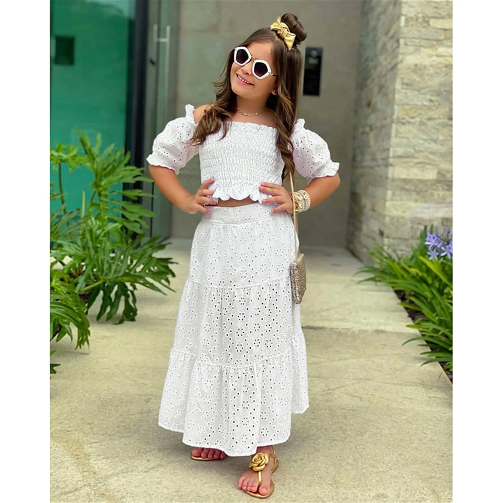 

2Pcs Baby Girls Clothing Summer Outfits Solid Color Lacework Off-Shoulder Ruched Tops Midi Skirts Casual Set for Kids 2-7 Years