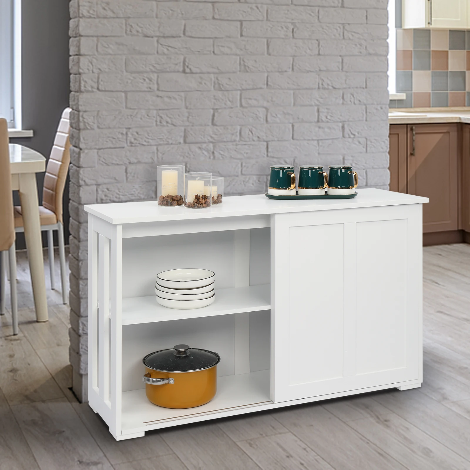 

FCH Double Sliding Door Sideboard Porch Cabinet White/Black[US-Stock]