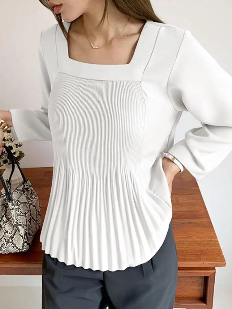 

Элегантная женская модная офисная блузка ZANZEA 2022, рубашки с покрытием, однотонные топы с квадратным вырезом, весенние туники с длинным рукав...