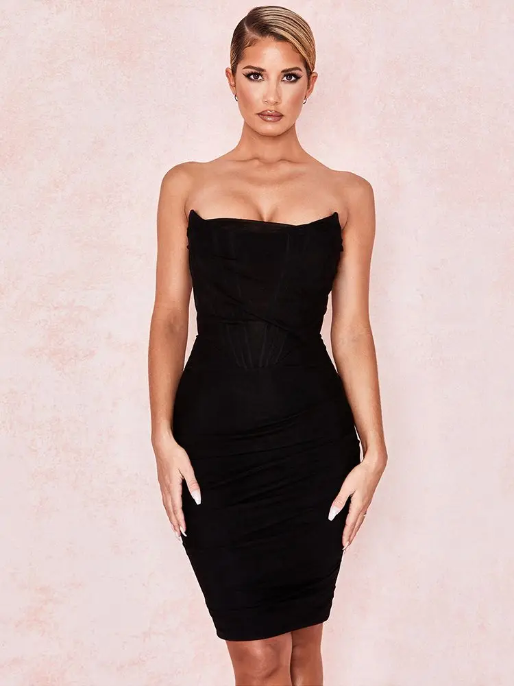 

HQBORY/весеннее сексуальное мини-платье без рукавов; Новинка 2021 года; Женское облегающее платье черного цвета со складками; Газовое платье без бретелек; Модное платье с открытой спиной; Вечерние платья