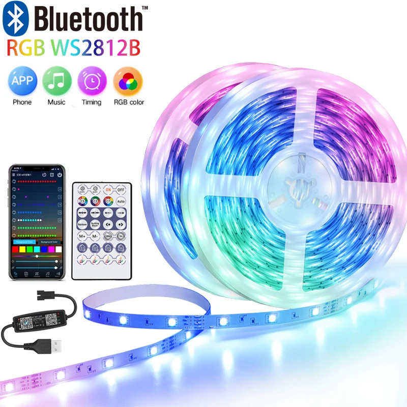 

Bluetooth LED Strip Light USB RGBIC WS2812b 20M 30M 5V RGB SMD 5050 Flexible Tape Diode Ribbon TV BackLight Room Decoration