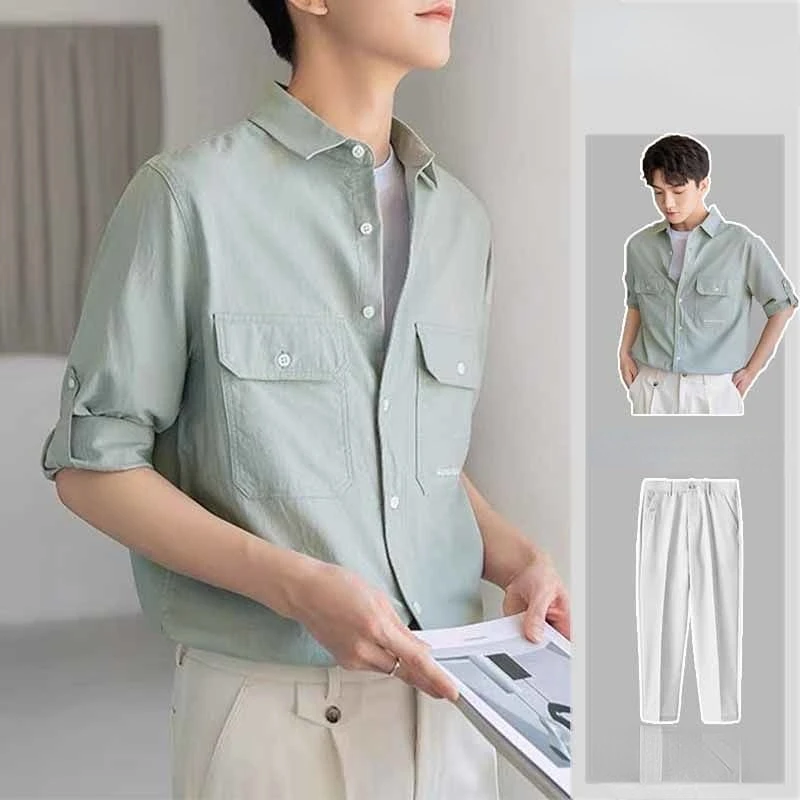 

Summer Chinese Style Linen Suit Traditional Clothing Men Solid Color Retro Leisure Short Sleeve Shirt Pants 2-Piece Set A51
